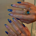 30 Pcs Long Almond Press On Nails - Dark Blue Glitter Gold Star Design, Glossy Reusable Fake Nails with Adhesive Tabs,Easy Application Manicure Set for Work, Party & Daily Use