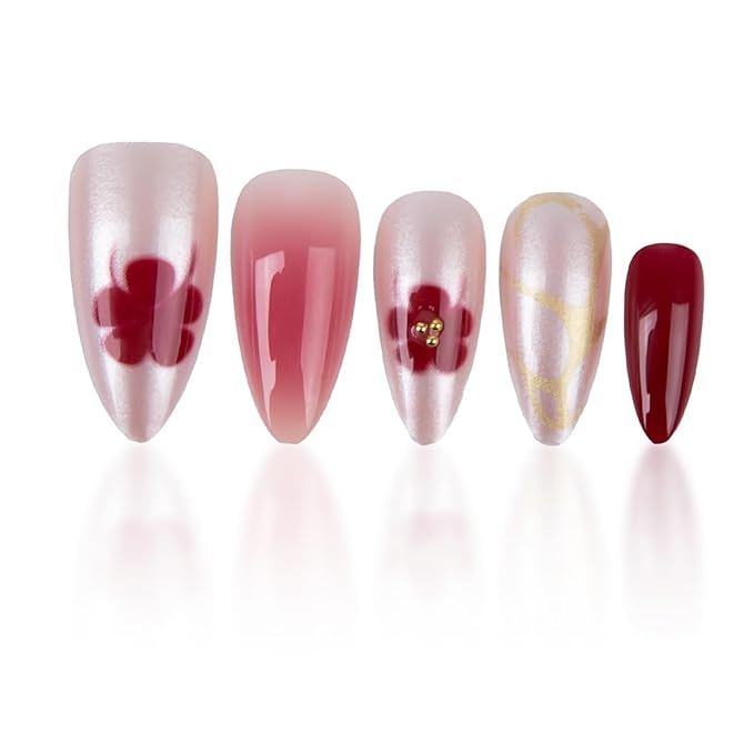 Medium Press on Nails Almond - Red Fake Nails with Flower Gold Line Design - Glossy Full Cover Stick on Nails for Women Manicure 24 Pcs