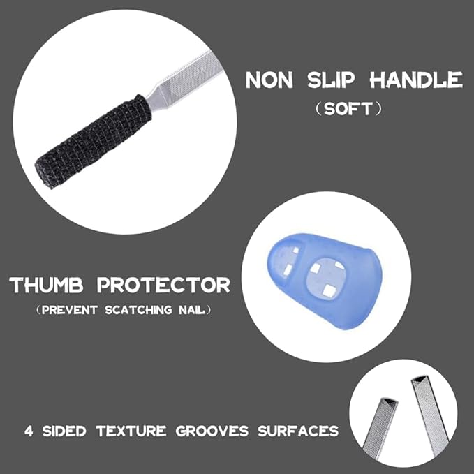 3-in-1 Nail File Kit: Heavy Duty Toe Nail Files for Thick Nails & Seniors with Ingrown Lifter, Thumb Guard | Non-Slip Metal Emery Boards for Nails/Silver Lifter