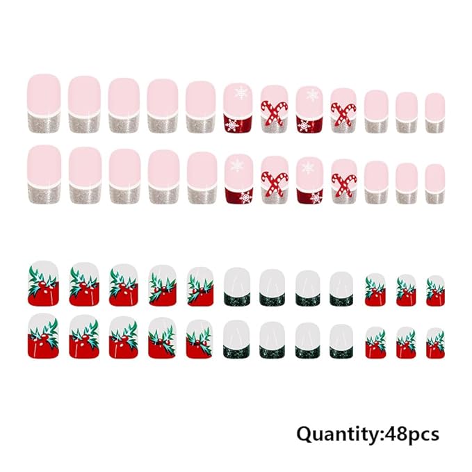 2 Packs 48Pcs Christmas Press on Nails Short Square Fake Nails Glitter French Tip False Nails Press ons Red Green Designs Winter Xmas Glue on Nails Kid Set for Women Girls Decoration