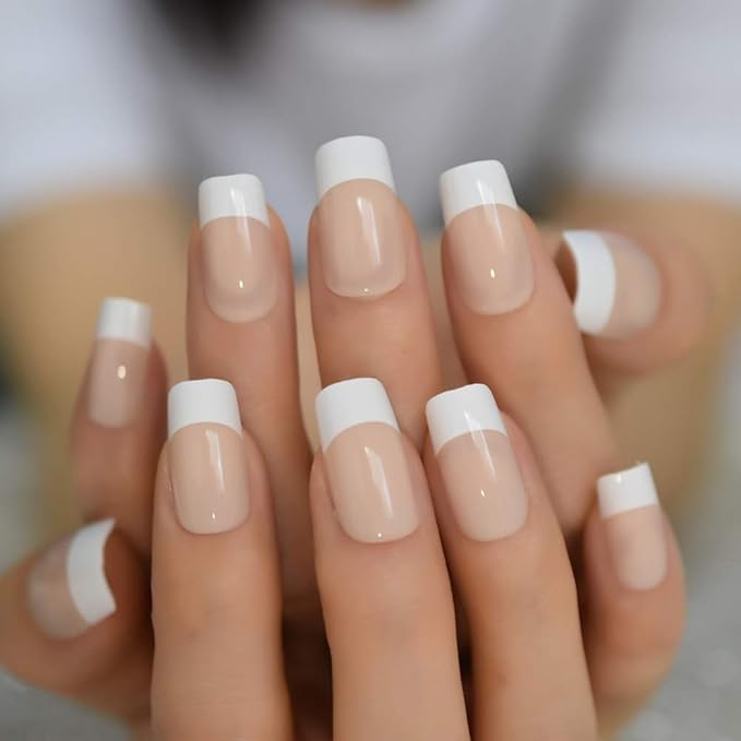 Fake Nails Medium Size Square Squoval Shape Predesigned Press on Nail (Nude French Nails)