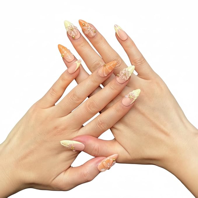 Handmade Press On Nails, Medium Almond Fake Nails with 3D Flowers & Metal Charms, Reusable Full Cover Acrylic Nails,Luxury Orange-Yellow Gradient French Tips for Women.(10PCS)