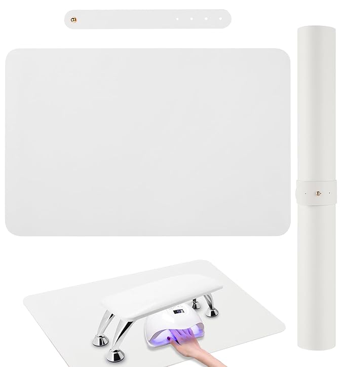 Nail Art Table Mat, (Mat Only) Foldable Hand Rest Manicure Pad, Soft Microfiber PU Leather Arm Rest Pad for Acrylic Nails, Nail Polish Mat for Nail Tech Salon Home (White)