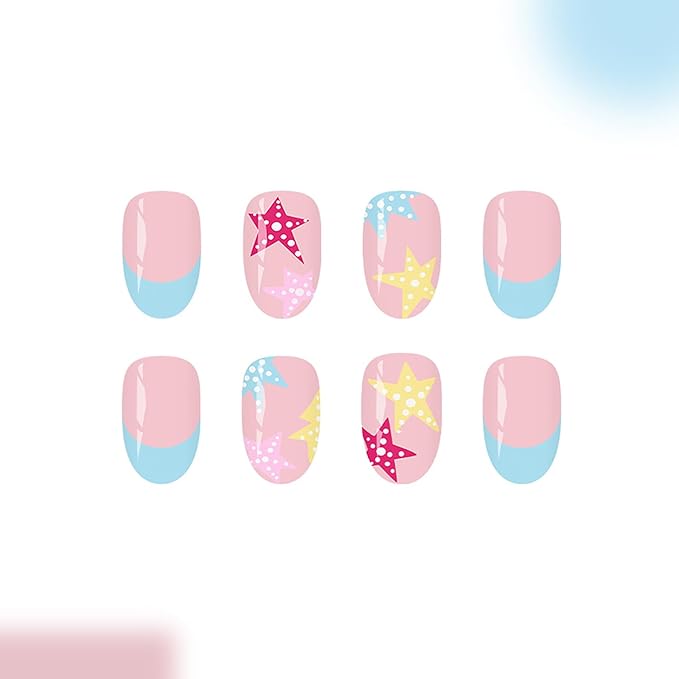 Multicolor Star Press on Nails Short Oval Fake Nails with Starfish Design Blue French Tip False Nail Glossy Full Cover Acrylic Spring Summer Stick on Nail for Women 24Pcs