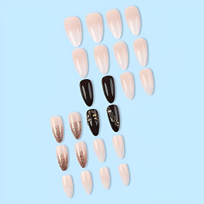 24Pcs Long Stiletto Fake Nails Gold Glitter Press on Nails Gradient False Nails with Rhinestones Design Glossy Full Cover Nails Press Ons Acrylic Glue on Nail for Women Decoration Set