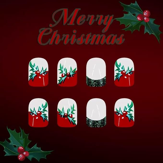 2 Packs 48Pcs Christmas Press on Nails Short Square Fake Nails Glitter French Tip False Nails Press ons Red Green Designs Winter Xmas Glue on Nails Kid Set for Women Girls Decoration