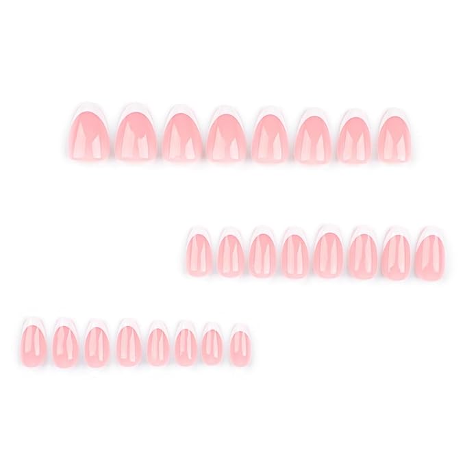 Press on Nails Short Almond Fake Nails White French Tip Glue on Nails Glossy Acrylic Nails Press ons Pink Full Cover Artificial Stick on Nails for Women 24 Pcs