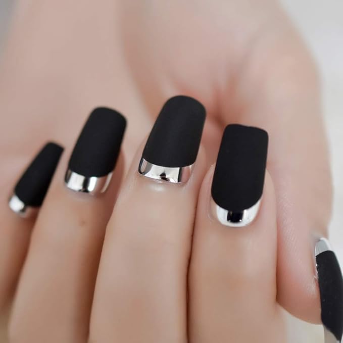 Matte Square Fake Nails Medium Long Size French Moo Nail Silver Metallic ABS Fingernails 24 count