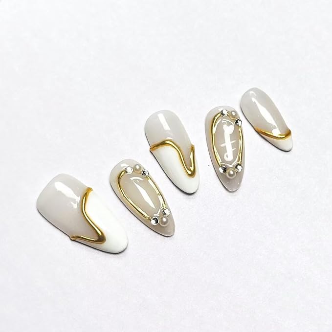 Small MAGLFELL Women Press On Nails - White Almond False Nails 10Pcs Luxury Handmade 3D Painting Art ABS Acrylic Artificial-S size
