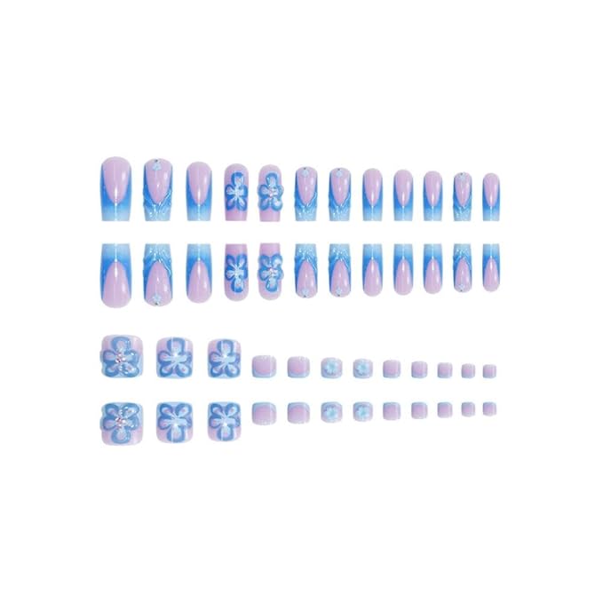 Blue French Tips Press on Nails Flower Press on Toenails Short Square Fake Nails with Pearl Flower Charm Design Floral False Toenails Glossy Reusable Summer False Nails for Women Girls Manicure 48Pcs
