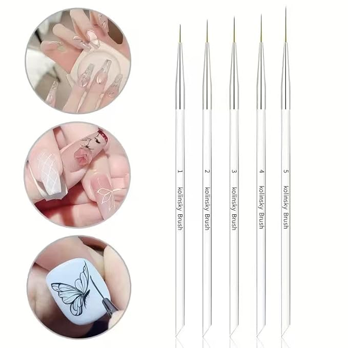 5Pcs Kolinsky Nail Art Liner Brushes Set, Precision Striping Brushes for Long Lines & Intricate Details, Sizes 7/9/13/18/25mm Fine Liner Pens for Gel Polish & DIY Nail Design
