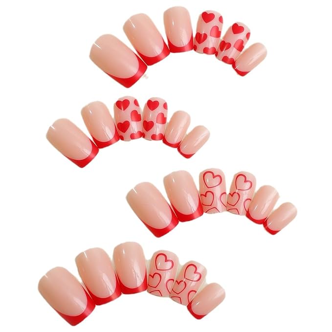 Red French Tip Press on Nails - Medium Square Fake Nails - Red Heart False Nails Press ons - for Women 24 Pcs