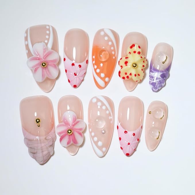 10 Pcs Handmade Reusable Almond press on nails | Misty Floral Cluster with Pink-Orange-Purple 3D Embossed Polka Dots & Pearls, For Women & Girls, Daily & Party Wear (A19, M)