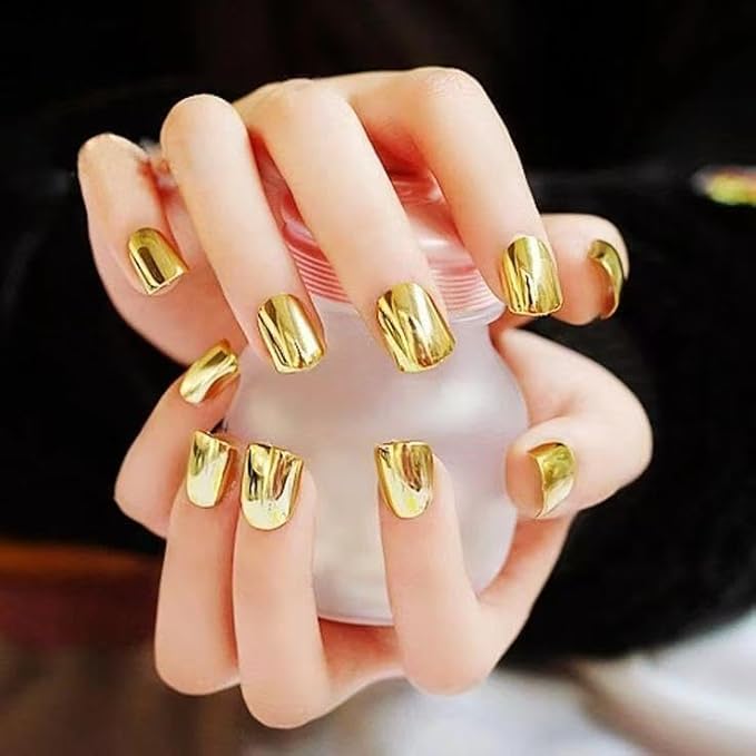 Gold Press on nails Metal Chrome Fake Nails Short Square False Nails Press ons Mirror Golden Acrylic Nails Glossy Luxurious Metal Glue Stick on Nail for Women Manicure 24pcs