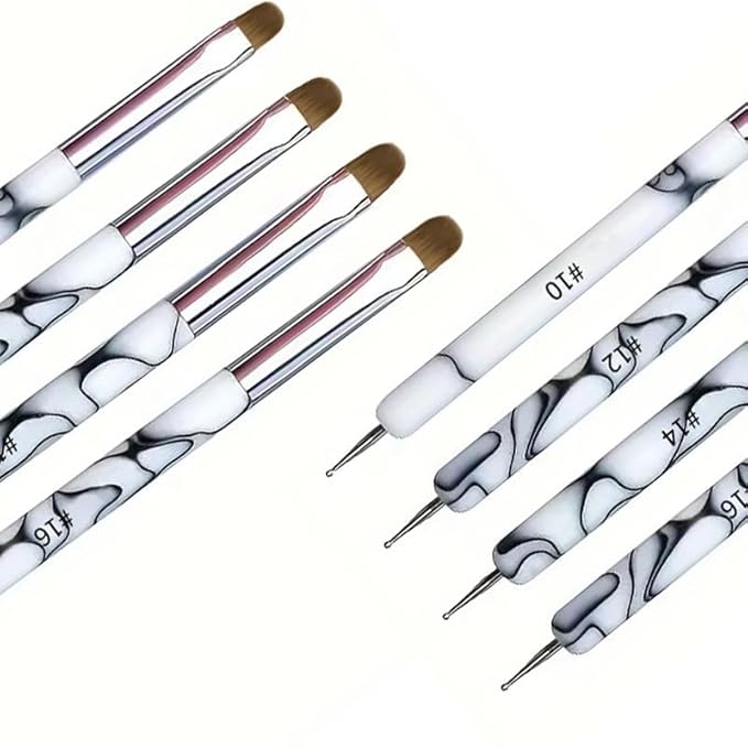 4Pcs French Tip Brush, Double-Ended French Brushes for Nails with Dotting Tool, Clean Up Brush for Gel Nail Polish, Size 10/12/14/16, Acrylic Nail Art Brushes, Manicure Tools for Nail Design-White
