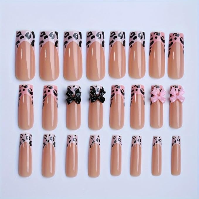 Square Press on Nails Long Pink Fake Nailwith Black and Pink Bow Acrylic Nail Press ons Leopard Stick on Nails for Women 24pcs