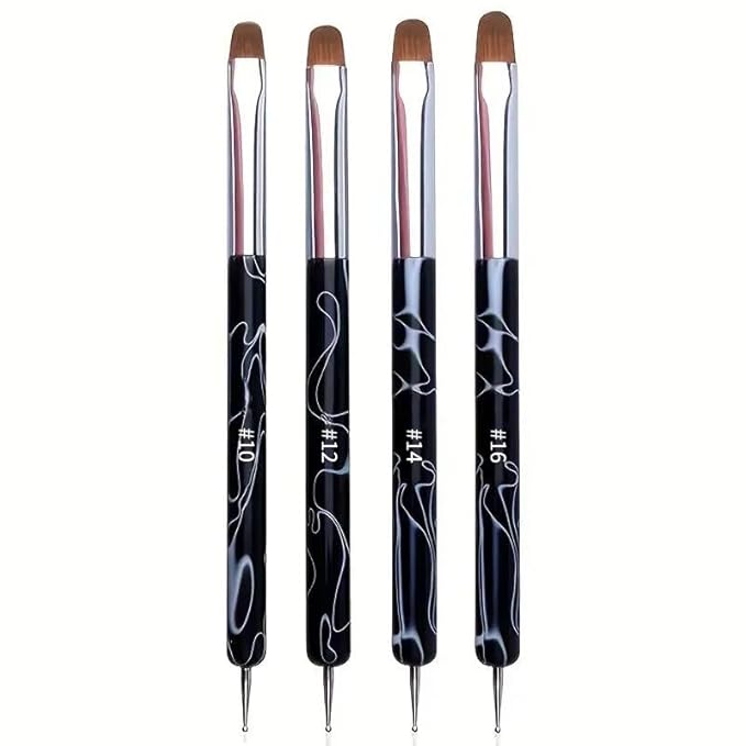 4Pcs French Tip Brush, Double-Ended French Brushes for Nails with Dotting Tool, Clean Up Brush for Gel Nail Polish, Size 10/12/14/16, Acrylic Nail Art Brushes, Manicure Tools for Nail Design-Black