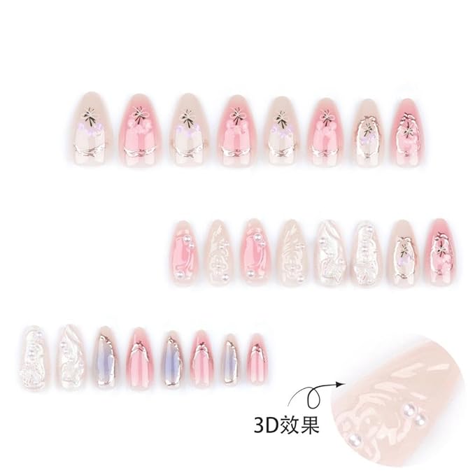 Handmade Press on Nails Medium Almond Fake Nails with Butterfly Flower Charm Design Spring Glue on Nails Water Ripple Stick on Nails Glossy Reusable Spring False Nails for Women Girls Manicure 24pcs