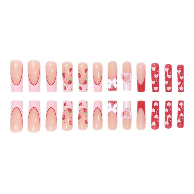 Strawberry Press on Nails Long Square Fake Nails - 3D Bow Heart Charms Design Pink French tips False Nail Red Spring Nails Glossy Reusable Summer Nail for Women Manicure 24pcs