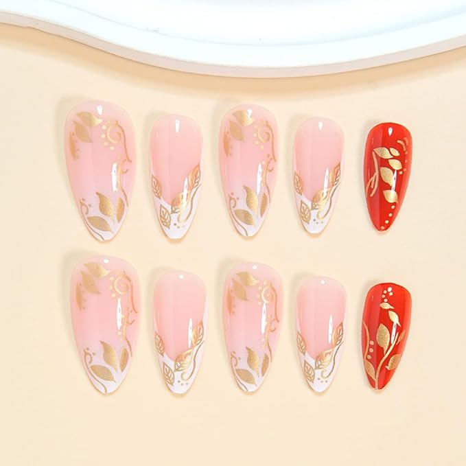 Gold Leaf Press on Nails Medium Almond Fake Nails White French Tip False Nails with Golden Line Design Glue on Nail Glossy Acrylic Artificial Stick on Nails for Women Girls 24Pcs
