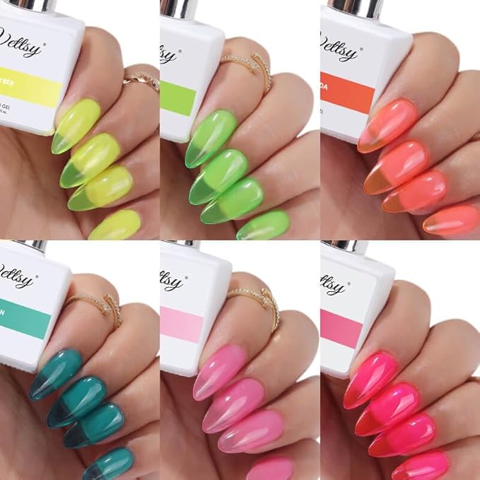 vettsy HEMA-Free Neon Jelly Gel Nail Polish Kit - 6 Bold & Vibrant Translucent Colors - Long-Lasting Soak-Off UV/LED Gel Polishes - Vegan, Cruelty-Free for Healthy, Glossy Nails