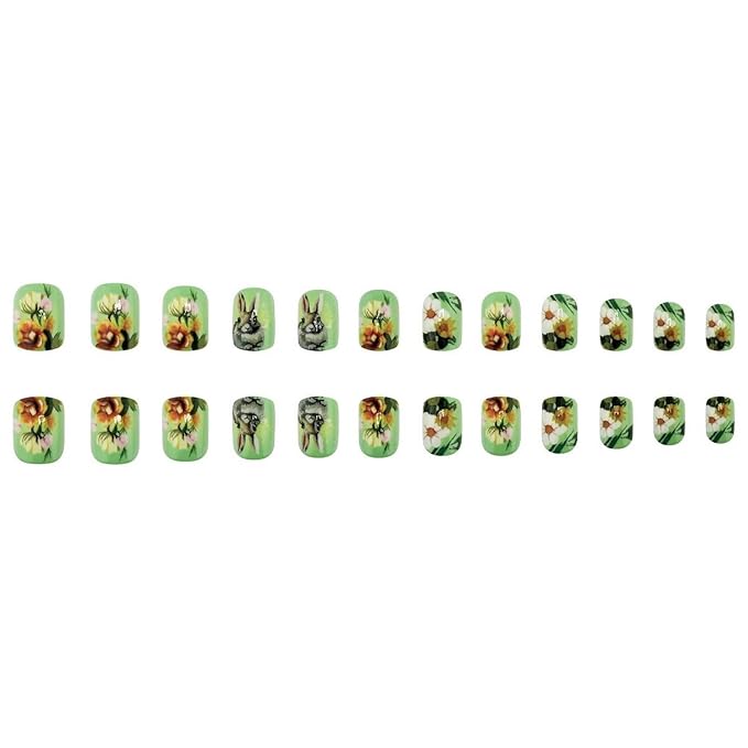 24 Pcs Easter Press on Nails Short Square Shaped Fake Nails Full Cover False Nails with Easter Cute Bunny Designs Spring Flower Acrylic Nails Glossy Green Stick on Nails for Women DIY Manicure