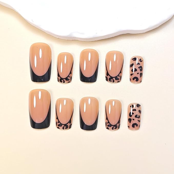Black French Tip Press on Nails Short Square Fake Nails Glossy Leopard False Nails Press ons Reusable Artificial Nail Full Cover Stick on Nails for Women Manicure 24 Pcs