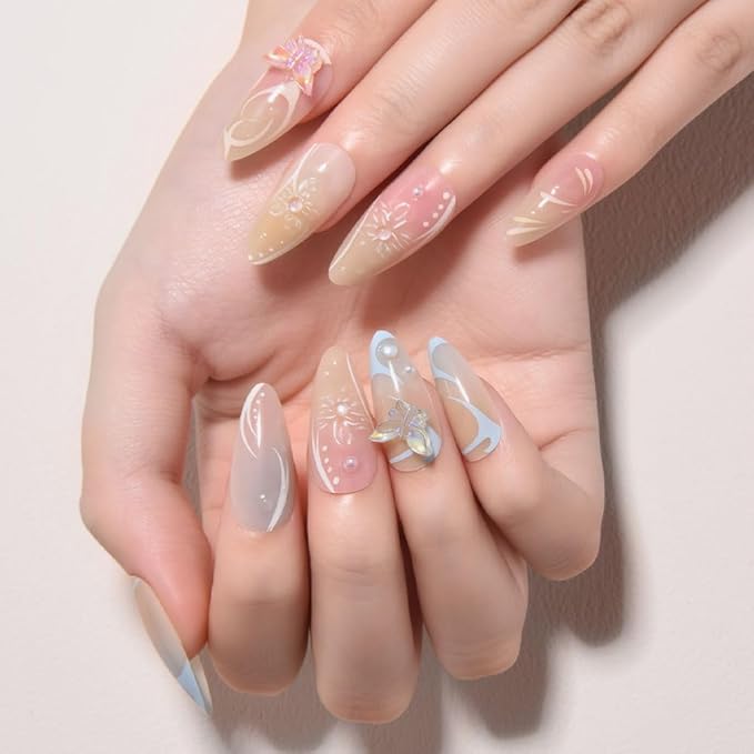 3D Press on Nails Medium Almond with Streamline Floral Design, Nude Pink Blue Ombre Nail Press ons Glossy Stick on Nails for Women Reusable with Kit, Stick on Cute Fake Nail with Designs Perfectly Fit