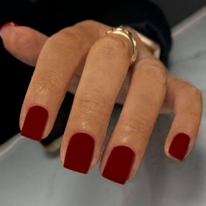 Matte Red Press on Nails Short Square, Natural Short Gel Nails Glue on Acrylic Nails Press ons, 48Pcs Thick Reusable Fake Nails for Women, Short Coffin Artificial Nails Solid Color Square Nails