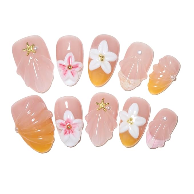10Pcs Short Almond Handmade Press On Nails | Nude Pink & Yellow Ombre with 3D Seashell, Flower & Starfish Decor | Reusable Salon-Quality Fake Nails for Women and Girls (25902, XS)