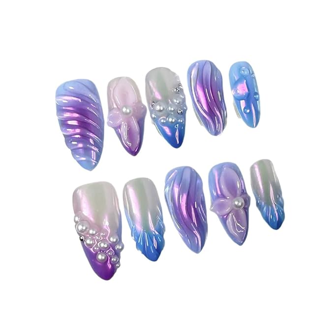 Handmade Press on Nails Almond Fake Nails Medium False Nail 3D Flower and pearl Embossed Sparkly Purple Artificial Nails for Women 10pcs (Size M）