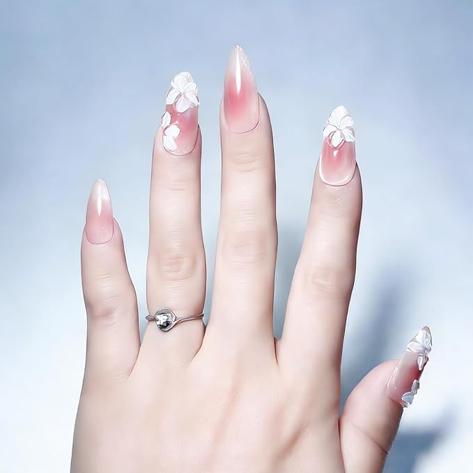 10 Medium Almond Handmade Press On Nails | Romantic Pink Blush Rendering Shimmer Fake Nails with 3D White Floral Accents | Easy Apply & Remove, Reusable Salon Quality Nails (5U14, S)