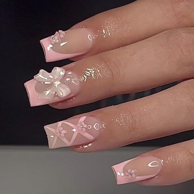 Medium Press on Square Nails - Pink French Tip Fake Nails with Flower Bow Design - Glossy Stick on False Nails for Women - 24 Pcs