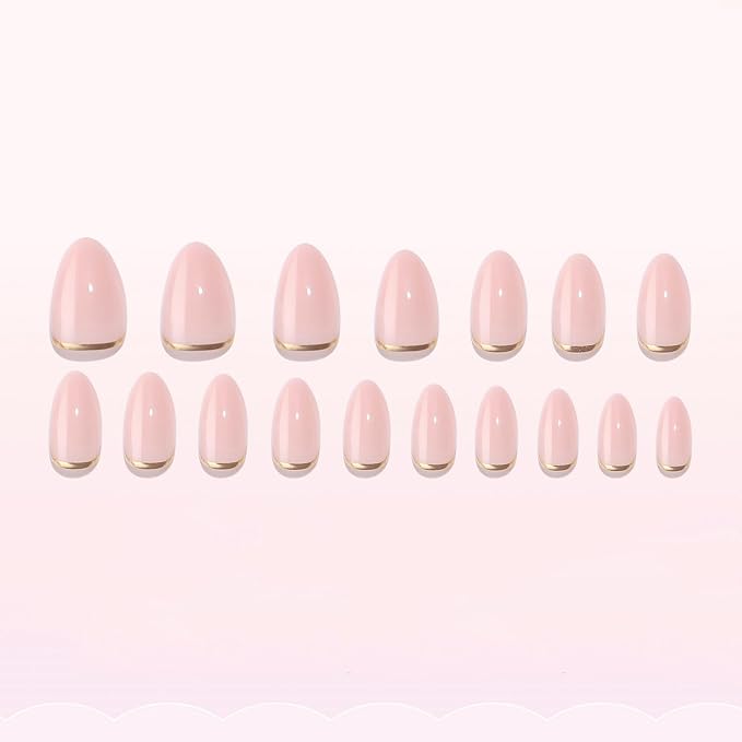 Pink Soft Gel Press on Nails Short Almond Shaped Glue on Nails Glossy Solid Color False Nails Golden Line French Thickened Fake Nails Full Cover Acrylic Nails for Women Nail Accessories 30 Pcs