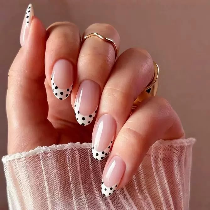 French Tip Press on Nails Polka Dot Fake Nails Almond Medium False Nails Cute Glue on Nails Reusable Acrylic Nail Glossy full Cover Stick on Nail for Women Manicure Deco 24Pcs