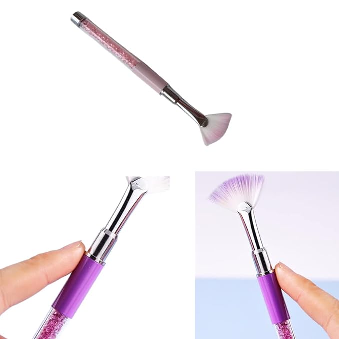 Purple Pink Fan Shape Nail Brush with Rhinestone Handle, Glitter Art Drawing Fan Pen Liner Brush Dust Powder Remover Nail Brush (2 Pack)