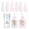 Beetles French Tip Gel Polish - Peach Mousse 15ML with French Tip Stamp, Hema Free White Light Pink Gel Nail Polish, Same Color Bottle, Soak Off UV LED Lamp French Nail Kit Art for Spring Nails