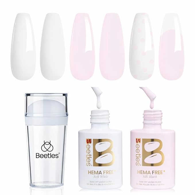 Beetles French Tip Gel Polish - Peach Mousse 15ML with French Tip Stamp, Hema Free White Light Pink Gel Nail Polish, Same Color Bottle, Soak Off UV LED Lamp French Nail Kit Art for Spring Nails