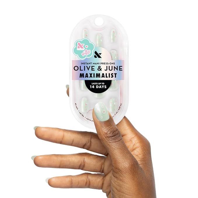 Olive & June Maximalist Instant Mani Press-On Nails (Glue) | 42 Fake Nails, 21 Sizes | Non-Toxic, Long-Lasting Big, Bold Gorgeous Realistic Look | Short, Round | Teal Chrome Flower Shower