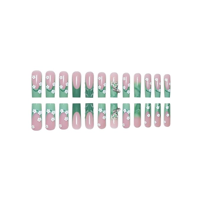 Press on Nails Coffin Long Length Acrylic Glossy Full Cover Square Shaped French False Nails with Designs Artificial Extra Long Fake Nails with Charms Glue ons Fingernails for Women(C142)
