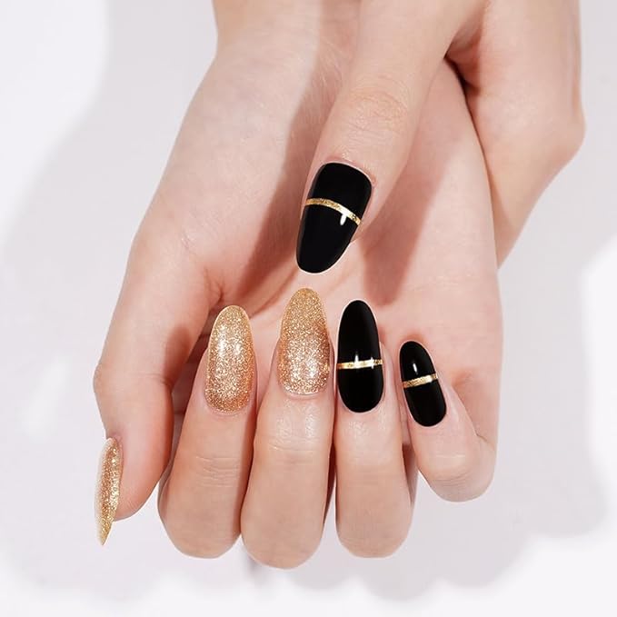 Semi-Cured Gel Nail Strips - 20 Salon-Quality Gel Sticker with UV Light Required, Long Lasting, Easy Application & Removal, Includes Prep Pad, Nail File, Wooden Stick (Black Tie)