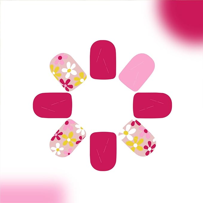 Short Press on Nails Square Pink Fake Nails with Design Yellow Flower Glue on Nails Daisy Stick on Nails Glossy Spring Nails Reusable Summer False Nails for Women 24 Pcs