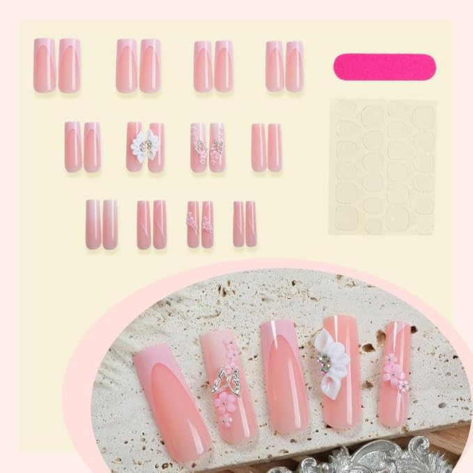 Long Press On Nails Square French Tip False Nails Pink Artificial Nails with Flowers Designs, 24pcs