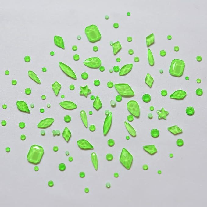 820pcs Neon Green Flatback Crystals Glass Mix Designs Nail Rhinestones Bulk Round Beads Stones Assortment Gems and Charms for Nail Decoration Accessory