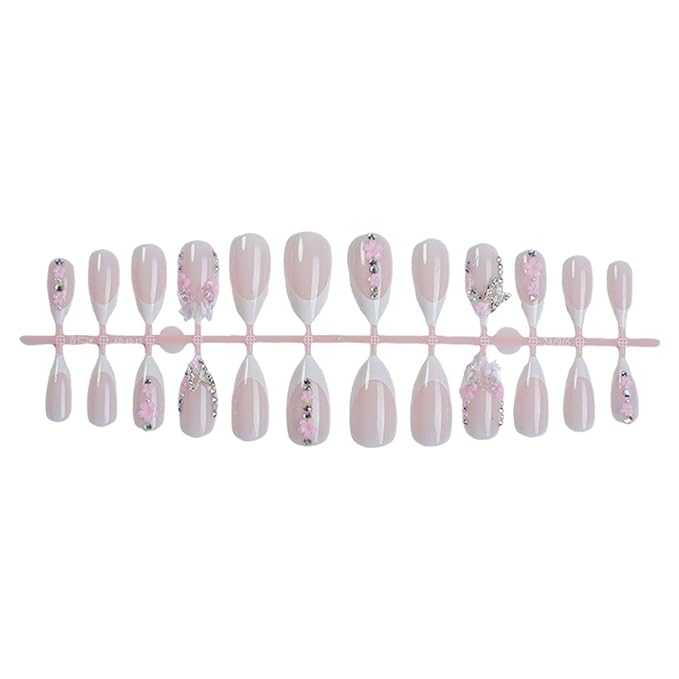 French tips Press on Nails - Medium Almond Fake Nails - Flower Design Pink Bow Glue on Nail - Butterfly Charm False Nails Reusable Glossy Spring Nail for Women Manicure 24pcs