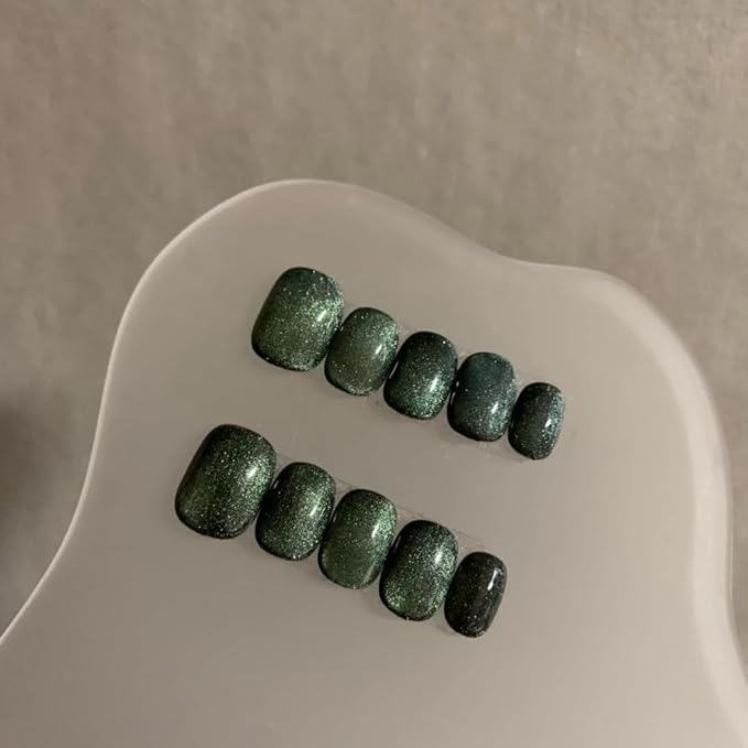 3D Square Press on Nails, Short square Fake Nails Vintage False Nails Large Green Press on Nails for Women Girls Nail Art Decoration - Lagre