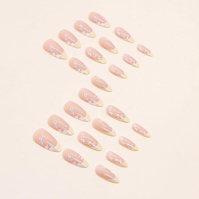 Flower Almond Press on Nails Medium Fake Nails French Tip False Nails with Designs Floral Glue on Nails Glossy Full Cover Acrylic Artificial Cute Stick on Nail for Women Nail Manicure 24pcs