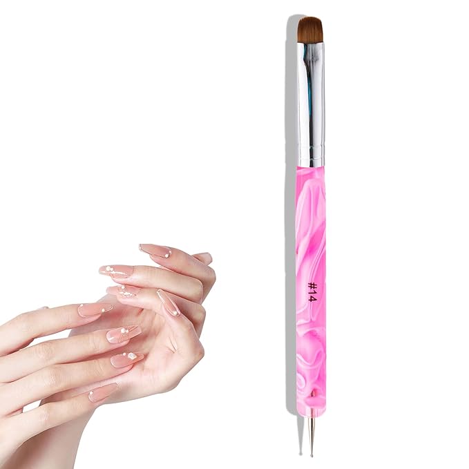 French Manicure Brush -2 Way Nail Art Brush with Dotting Manicure Tool for Manicure Cuticle Clean Up Nail Art Design- Professional Nail Salon Quality Brush, Nail Dotting Pen (Peach, 14#)