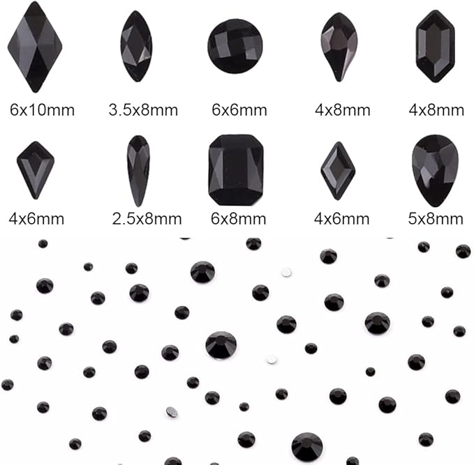 820pcs Mix 10 Shapes Flatback Black Nail Rhinestones Loose Round Beads Diamond Assortment Decoration Glass Charms for Nails Supply