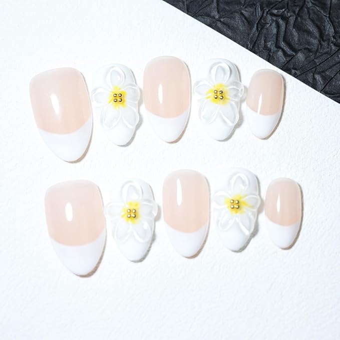 10 Medium Handmade Press On Nails | with 3D Floral and French design False Nails | Skip Salon Trips, Easy to Apply & Remove, Reusable (A016, XS)